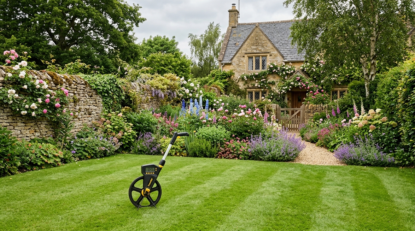 English cottage garden with measuring wheel