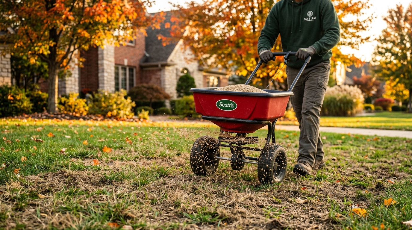 Broadcast spreader overseeding a lawn in autumn