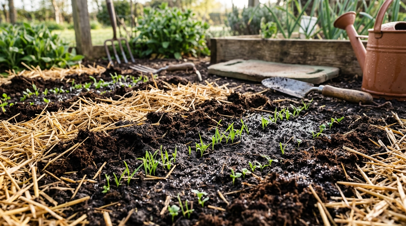 Straw and peat moss covering grass seed with emerging seedlings